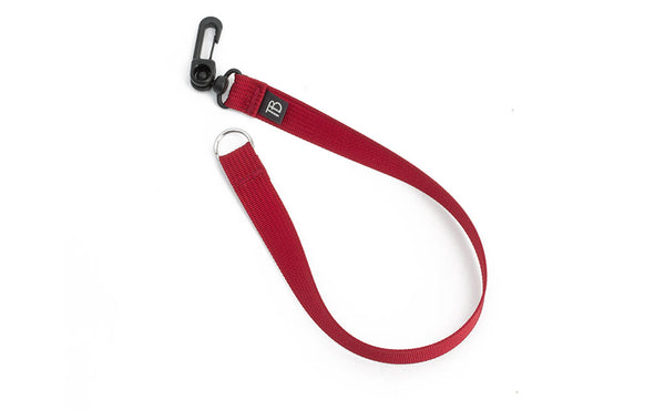 A 16-inch Iberian (red) Key Strap with a snaphook at one end and a split-ring o-ring at the other.
